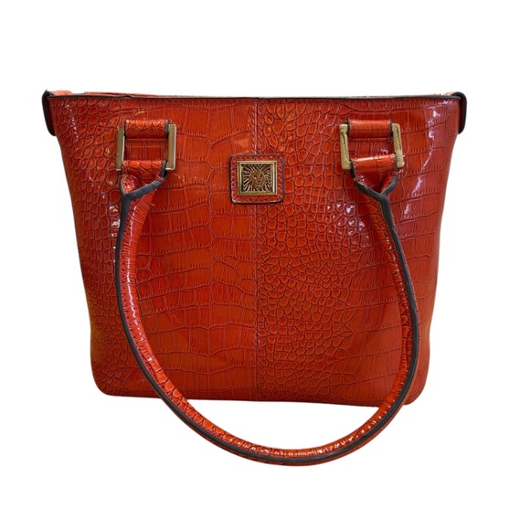 Anne Klein Faux Croc Embossed Tote Bag Orange Shoulder Purse Gold Hardware - Picture 8 of 16
